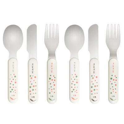 Abbildung von MiaMia Kinderbesteck Punkte Weiß (6 tlg), 2 Personen, Edelstahl 18/10 / Kunststoff PP, Kinder &amp; Baby Besteck Set 6 tlg. Babybesteck mit handlichen Griffen