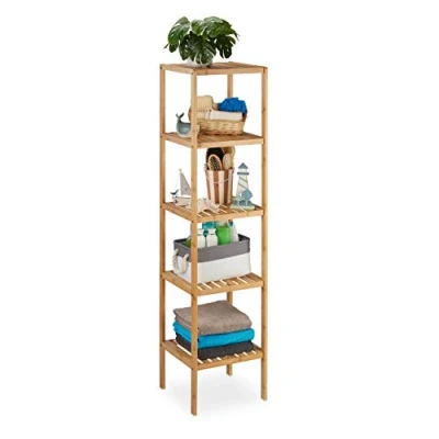Abbildung von Relaxdays Badregal Bambus, Standregal Badezimmer &amp; Küche, Bambusregal mit 5 offenen Ablagen, HBT 140 x 34 33 cm, Natur, Braun, Ablageflächen