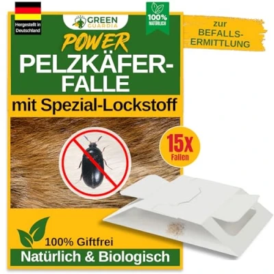 Abbildung von GREEN GUARDIA Pelzkäfer Falle mit Spezial Lockstoff 15x Fallen umweltfreundlich bekämpfen, Chemiefreie starker Klebefläche, giftfrei &amp; geruchsneutral