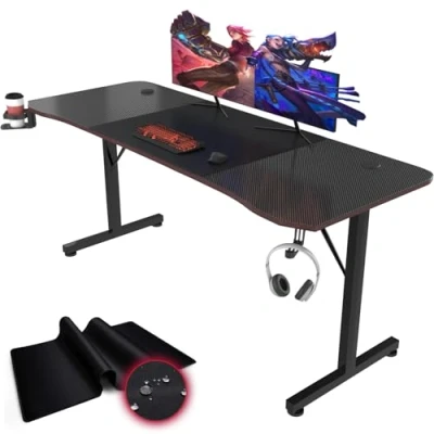 Abbildung von Devoko Gaiming Tisch 180cm Gaming Schreibtisch Gamer Computertisch Ergonomischer PC mit Kabelaufbewahrungsbox, Getränkehalter und Kopfhörerhalter T förmiger (Schwarz, 180 x 70 75 cm)