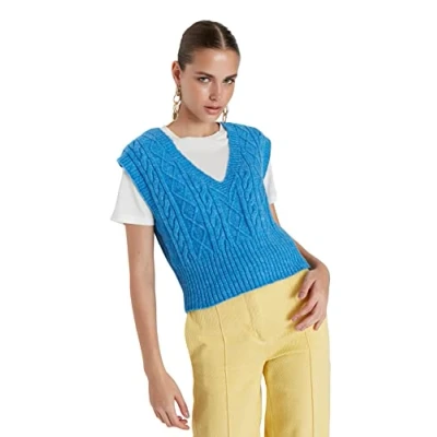 Abbildung von TRENDYOL Damen Pullover With V neck, Plain, Regular Fit Sweater, Blau, S EU