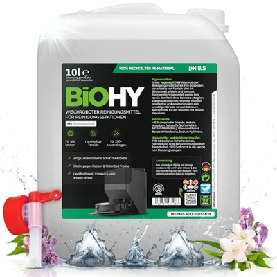 Abbildung von BiOHY Wischroboter Reinigungsmittel für Reinigungsstationen mit Frühlingsduft (10 Liter Kanister) + Auslaufhahn Verlängert die Lebensdauer der Absaugstation Schaumarmes Bodenreiniger Konzentrat