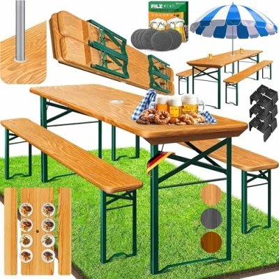 Abbildung von KESSER® Bierzeltgarnitur 3 teilig Gartenmöbel Set Klappbar 170 x 46 75cm 2X Bierbänke 1x Biertisch Festzeltgarnitur Stehtisch Sitzgarnitur Holz 12 teiliges Bodenschoner