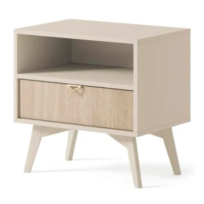 Abbildung von Nachttisch, Schlafzimmermöbel, Eukalyptusfarbe, Beige, goldene Griffe (Beige)