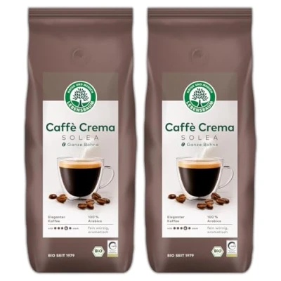 Abbildung von LEBENSBAUM 2 x Kaffee Café Crema Solea ganze Bohne, Bio aus Arabica Bohnen ganz, Intensität 4/5, kräftiges Aroma, gerösteter Espresso feinwürzig aromatisch, 1 kg