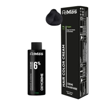 Abbildung von Femmas Haarfarbe Set Schwarzbraun 2 I Hair Color Cream 100ml + Oxycreme 6% Permanente Haar Coloration Entwickler Schonend &amp; langanhaltend Salon für Zuhause