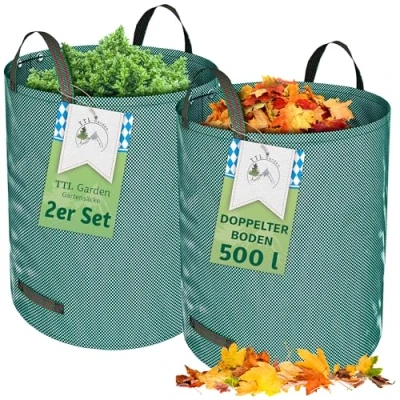 Abbildung von TTL Garden 2x 500L Gartensack DOPPELTER BODEN extra stabil selbststehend 4 Griffe 150gsm groß robust &amp; faltbar 2er Set Garten Sack Laubsack Abfallsack für Gras Laub Hecke Gartenabfall