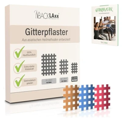 Abbildung von BACKLAXX ® Gittertape 180 Stück Premium Qualität Gitterpflaster Set in Größen Typ a GRATIS umfangreiches eBook mit 60 Anwendungsbeispielen Akupunkturpflaster Cross Tape