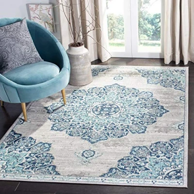 Abbildung von SAFAVIEH Traditionell Teppich für Wohnzimmer, Esszimmer, Schlafzimmer Brentwood Collection, Kurzer Flor, Marineblau und Grau, 122 X 183 cm