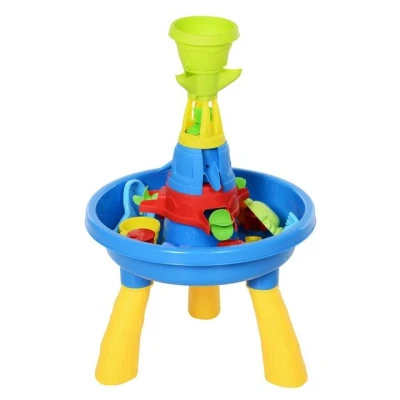 Abbildung von HOMCOM Sandkasten Kinder Sand und Sandkastentisch mit 21 tlg., (Spieltisch, Wasserspieltisch), für Garten, Balkon, Blau+Gelb