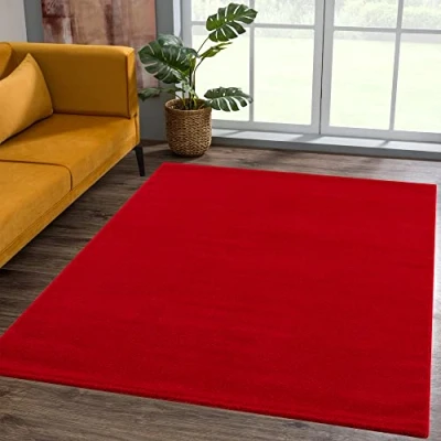 Abbildung von SANAT Kurzflor Teppich Wohnzimmer Uni Modern Teppiche fürs Schlafzimmer, Arbeitszimmer, Büro, Flur, Kinderzimmer und Küche Rot, 80 x 150 cm