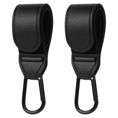 Abbildung von Shabany® Haken 2 Stück universelle Passform Halterung Universalhaken Kinderwagenhaken Taschenhaken verstellbar robust Klettverschluss Taschenhalter Karabinerhaken schwarz