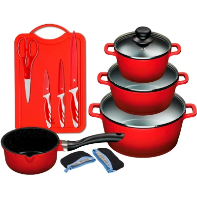 Abbildung von KING Topf Set &quot;ALUGUSS&quot;, Aluminiumguss, (Set, 14 tlg., je 1 Kochtopf 16/20/24 cm, Stieltopf 16 Schneidebrett mit Messer), Keramikantihaftbeschichtung, Induktion