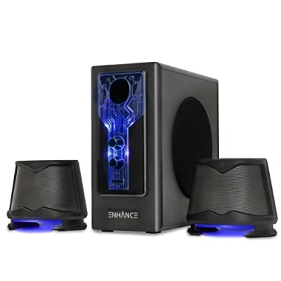 Abbildung von ENHANCE SB 2.1 Computerlautsprecher mit Subwoofer Blau LED Gaming Lautsprecher, High Excursion Soundsystem, AC betrieben, Lautstärke und Bassregelung, Kompatibel PC, Desktop, Laptop