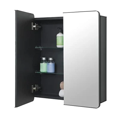 Abbildung von Fundin Schwarzer Aluminium Badezimmer Spiegelschrank 60 x 70 cm mit gerahmter Tür und verstellbaren Glasböden, Einbau oder Aufputzmontage