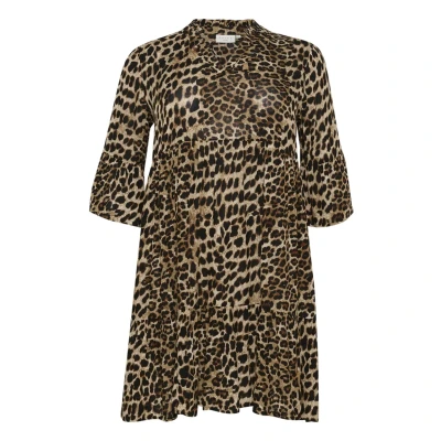 Abbildung von Kaffe Curve Damen Plus Size Women&#039;s Midi Dress V Neck Half Sleeves Drawstring Waist Kleid, Classic Leopard, 46/Grande Taille