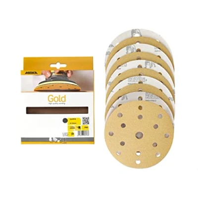 Abbildung von Mirka Gold Universal Schleifpapier Ø 150mm Schleifscheiben Klett 15 Loch, Korn P80, 10 Stk / Zum Schleifen von Gips, Spachtel, Spanplatten, Holz, Lack