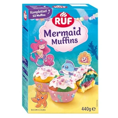Abbildung von RUF Mermaid Muffins Komplettset Backmischung für dreifarbige mit Glasur, bunten Unterwasser Streuseln und Motiv Pickern, lustiger Backspaß Kindern, ideal Geburstage, inkl. Förmchen