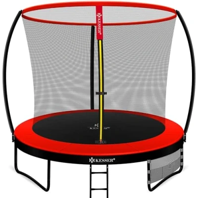 Abbildung von KESSER® Trampolin Ø 244 cm TÜV Rheinland GS Zertifiziert Gartentrampolin für Kinder bis 150 kg Komplettset mit Sicherheitsnetz, Leiter, Randabdeckung, Seitentasche und Zubehör
