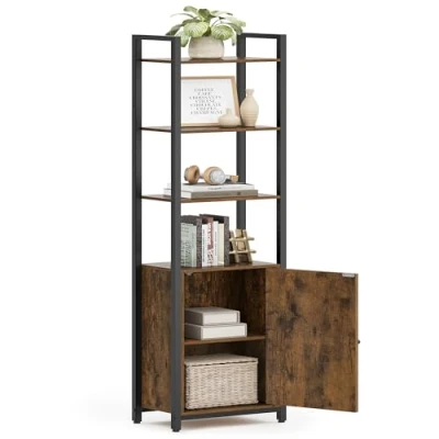 Abbildung von VASAGLE Bücherregal, 6 Ebenen, Regal, Standregal mit Türen, Metallrahmen, verstellbaren Ablagen, 24 x 40 159,5 cm, für Wohnzimmer, Schlafzimmer, vintagebraun tintenschwarz LLS132K01