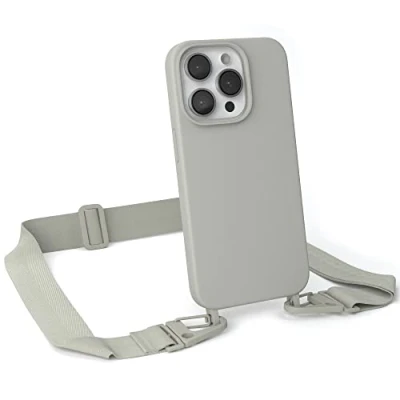 Abbildung von EAZY CASE Handykette Silikon mit Karabiner kompatibel iPhone 14 Pro Handyhülle breitem Umhängeband, Handykordel Silikon, Hülle Band, Kette für Smartphone, Taupe Clips
