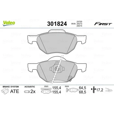 Abbildung von VALEO 301824 Bremsbelagsatz FIRST Vorderachse inkl. Verschleißwarnkontakt ohne Anti Quietsch Blech HONDA: Accord 7 Limousine, Tourer