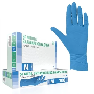 Abbildung von SF Nitrilhandschuhe M Blau 100 Stück Einweghandschuhe, Einmalhandschuhe, Medizinische handschuhe, Puderfrei, Latexfrei, Handschuhe einweg zum Kochen, Putzen, für Medizin, Küche, Kosmetik, Haushalt