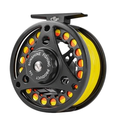 Abbildung von SF Große Arbor Fliegenfischen Rolle 3/4 Wt Aluminiumlegierung Körper Druckguss Matt Schwarz Vorgeladen Fliegenrolle mit Schnur Combo Fluoreszierende gelbe Fliegenschnur