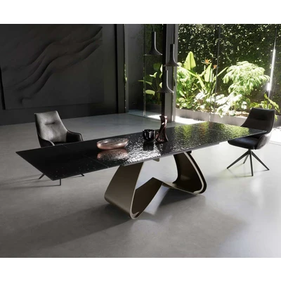 Abbildung von Esstisch Edge 200 300x100 Reliefglas Rauchschwarz 3D Design W Gestell Effektfinish Titan ausziehbar