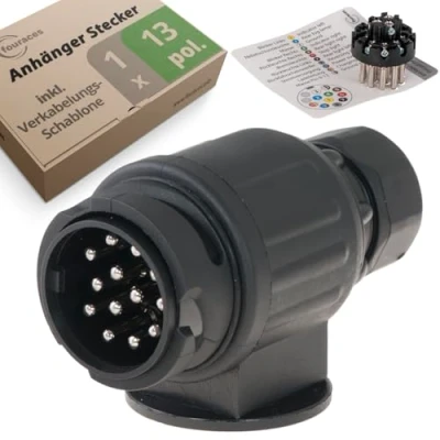 Abbildung von fouraces Anhänger Stecker 13 polig polig, schwarz inkl. Verkabelungs Schablone poliger Anhängerstecker für Anhängersteckdose