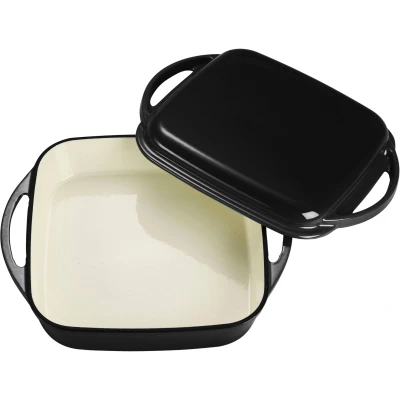Abbildung von Echtwerk Universalbräter und Pfanne 2 in 1 Set, Gusseisen Auflaufform mit Deckel, Gusseisentopf Emaille Beschichtung, Für Backöfen, Grill, BBQ Induktion geeignet, Schwarz, 1,5 L, Ø 24,6 cm