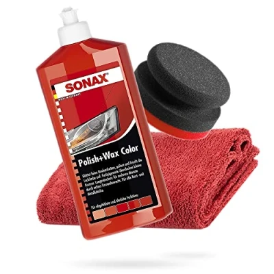 Abbildung von detailmate SONAX Hand Polier Bundle Polish+Wax Color rot 500ml Handpolierschwamm hart Ø90/50mm Edgeless Mikrofaser Poliertuch 550GSM