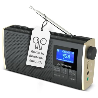 Abbildung von Avantree Soundbyte T Tragbares FM Radio mit Bluetooth Lautsprecher, Audio für drahtlose Kopfhörer SD Kartenleser, wiederaufladbare und austauschbare 8 Stunden Batterie, Kanalspeicher