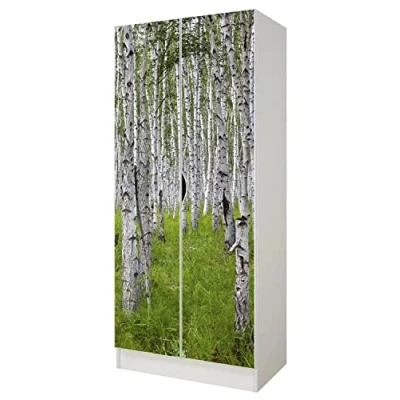 Abbildung von Leomark Weiß zweitüriger Kleiderschrank für Kinder Roma funktionaler Schwebetürenschrank, Kommode, Schrank, Dim: 70 x 42,5 161,5 (H) cm, Möbel Kinder, UV Druck: Tiere: Birkenwald