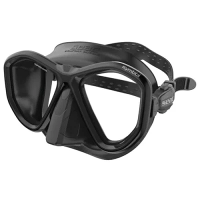 Abbildung von SEAC Unisex Adult Symbol Made in Italy Zweiglas Tauchmaske mit Einer 3D Schnalle direkt am Maskenkörper, schwarz/klar blau, Standard