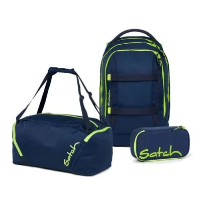 Abbildung von Satch Schulranzen Schulrucksack Set PACK Toxic Yellow 3 teilig, Kollektion 2025 (3 teilig), ergonomisch, Your Size System: auf Körpergröße anpassbar