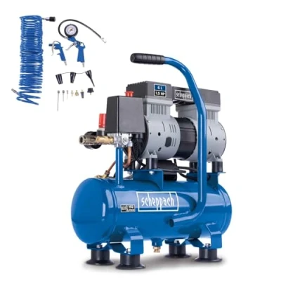 Abbildung von Scheppach HC08Si Ultra Silent Kompressor klein inkl. 14 tlg Zubehörset 8bar Arbeitsdruck 6L Kessel 1,5PS / 1100W ölfrei &amp; wartungsarm Ansaugleistung 162 L/min Leise 67,4 db(A)