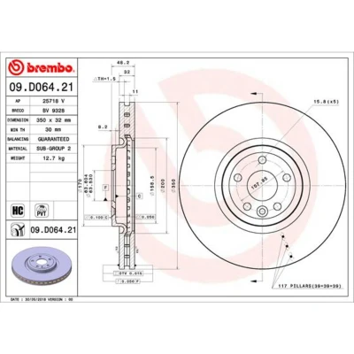 Abbildung von BREMBO 09.D064.21 Bremsscheibe 350 32 5 innenbelüftet beschichtet hochgekohlt JAGUAR: F Pace, LAND ROVER: Range Rover Velar