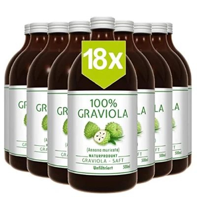 Abbildung von 18 x 100% Graviola Direkt Saft unfiltriert &amp; vegan (18 500ml), aus Püree. Stachelannone, Soursop, Corossol, Guanabana.