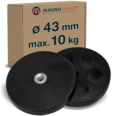 Abbildung von 2 x Neodym Magnet System gummiert Innengewinde Durchmesser Ø 43 mm Innen Gewinde: M4 Haftkraft 10 kg Stück NdFeB Magnetsysteme mit Gummimantel Anti Rutsch Beschichtung