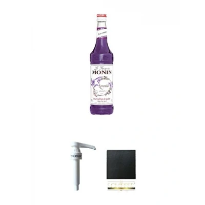 Abbildung von Monin Lavendel Sirup 0,7 Liter + Dosier Pumpe für &amp; 1,0 Literflasche Schiefer Glasuntersetzer eckig ca. 9,5 cm Durchmesser