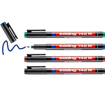 Abbildung von edding 142 M Permanenter Folienschreiber 4er Set 4 bunte Farben Rundspitze 1mm zum Schreiben auf Glas Kunststoff Folien und glatten Oberflächen permanent schnelltrocknend wisch wasserfest