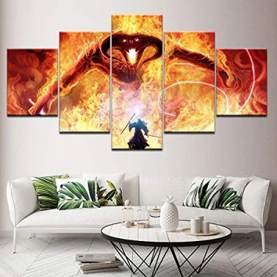 Abbildung von BAIOKAISHUII HD gedruckte Poster Wandkunst Schlafzimmer Home Decor Bilder 5 Panel der Herr Ringe Balrog und Gandalf Leinwand Malerei Kunstwerk Rahmenlos