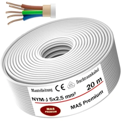 Abbildung von MAS Premium Feuchtraumkabel Stromkabel 5 200m Mantelleitung NYM J 3x1, 2,5 4 6 10 oder 5x1,5 16 Elektrokabel für feste Verlegung (NYM 5x2,5 mm², 20m)