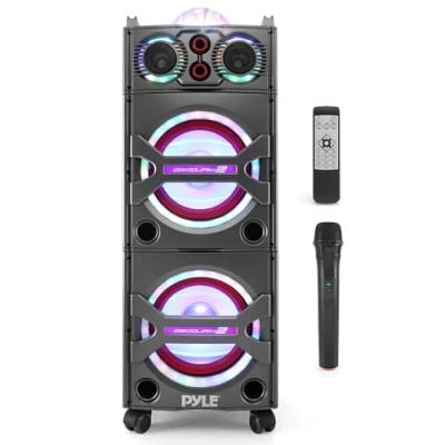 Abbildung von Pyle PSUFM1043BT tragbares Bluetooth Lautsprechersystem für den Außenbereich, 2000 W, PA System mit Mikrofon, Partybeleuchtung, USB SD Kartenleser, AUX/RCA/FM Radio, Rädern