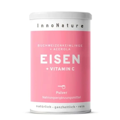 Abbildung von InnoNature Eisen Pulver natürlich aus Buchweizenkeimlingen und Acerola 85g Inhalt, 14 mg + 80 Vitain C pro Portion glutenfrei, vegan, pflanzlich