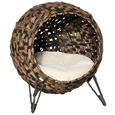 Abbildung von PawHut Tierhaus Katzenhöhle aus PE Rattan mit Kissen, erhöhten Füßen Rattan, für Katzen, Braun