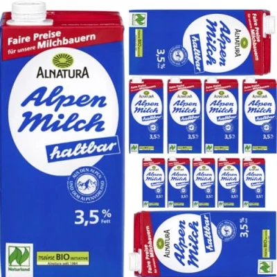Abbildung von Alnatura Alpenmilch haltbar 3,5% Fett Milch Haltbare 1000 mililiter x 12 Stück + Pufai