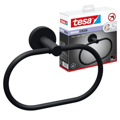 Abbildung von tesa Moon Black Handtuchring, matt schwarz Handtuchhalter Ring oval zur Wandbefestigung ohne Bohren, inkl. Klebelösung 53 mm x 184 130