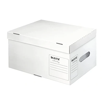 Abbildung von Leitz Infinity Archiv Container, Größe S, Schachtel für A4, Transportbox mit Deckel Oben, Faltbare Kartonverpackung, 100 % säurefreie Wellpappe, Weiß, 61050000